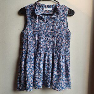 Rose & Olive Red/White/Blue Floral Sleeveless Ruched Blouse Size XS